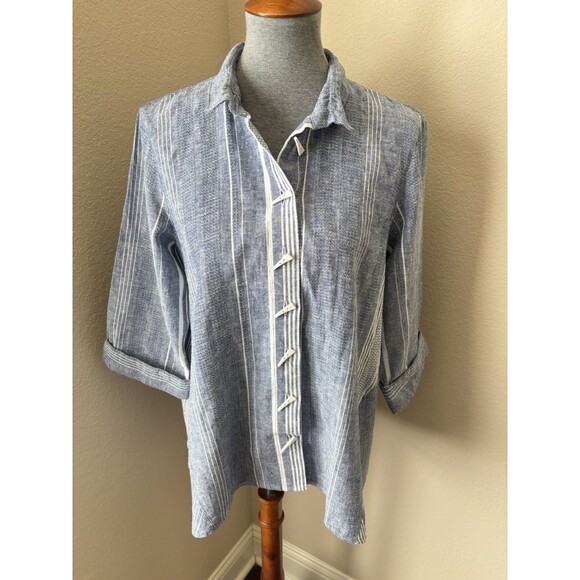Ali Miles Women's Petite Large Blue Striped 3/4 Sleeve Linen Blend Top - NWT - Picture 1 of 8